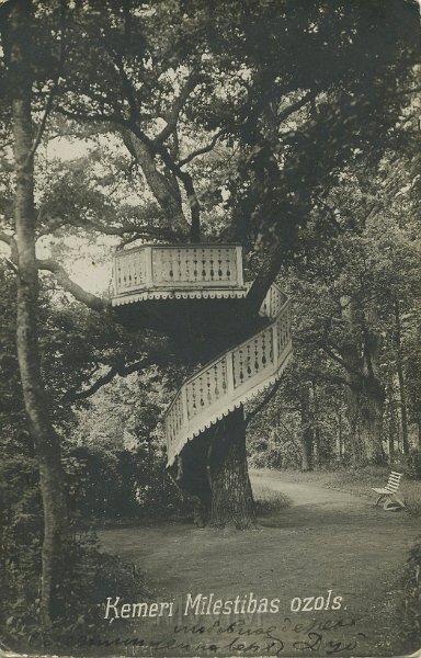 KKE 5474.jpg - Fot. Widokówka Kmeri Milestibas ozols (platforma na drzewie). Zaadresowana do Marianny Katkowskiej, lata 30-te XX wieku.